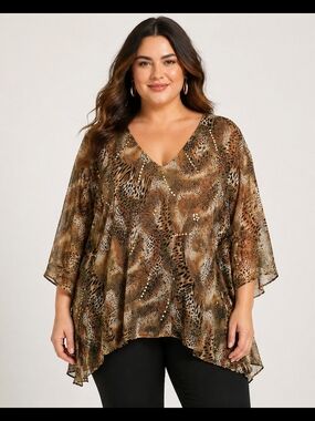 Metro Brown Animal Print V-Neck Flutter Tunic